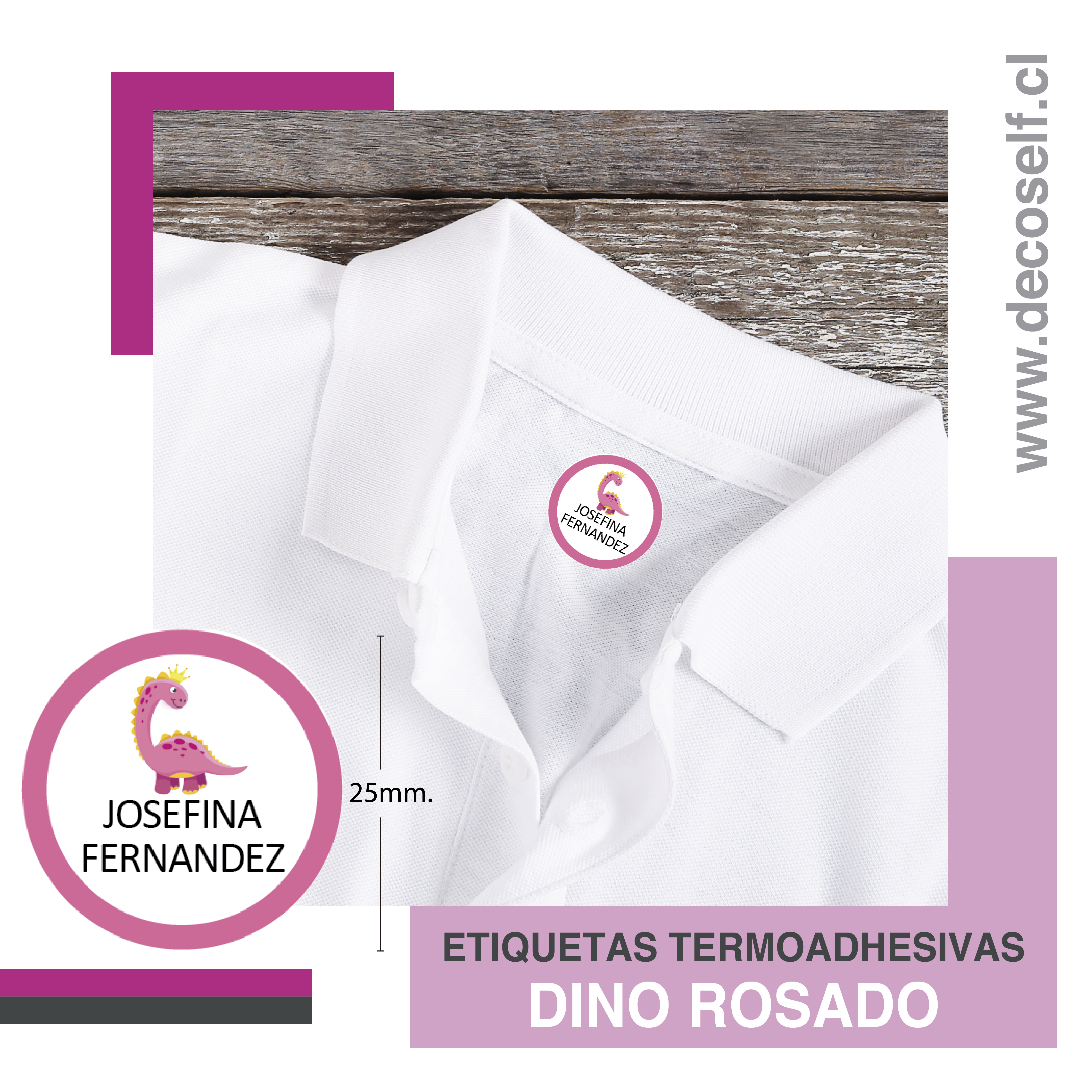Etiquetas para Ropa Circular Dino Rosado