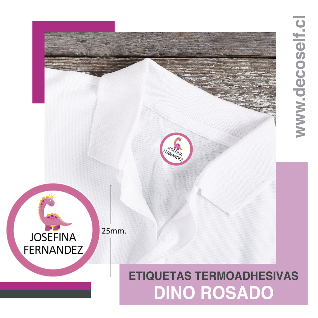 Etiquetas para Ropa Circular Dino Rosado